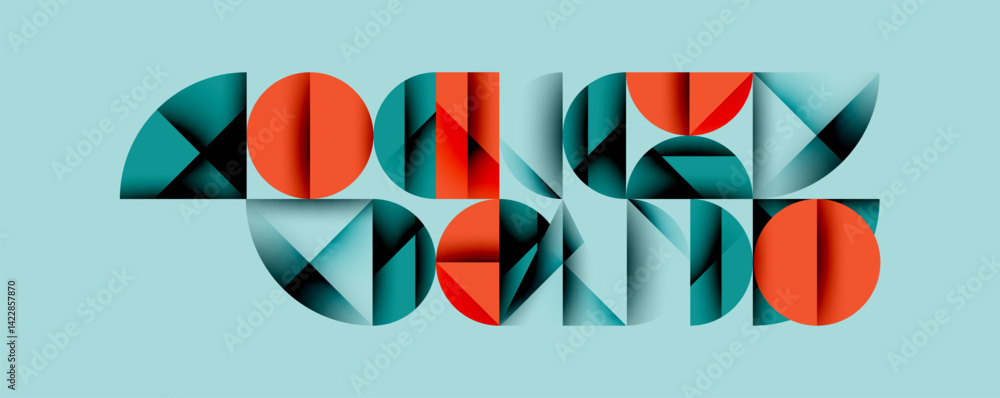 Abstract geometric composition featuring text money round. Shapes include circles, rectangles, triangles. Teal, orange, black colors dominate light blue background. Modern design. Abstract geometric composition featuring text money round. Shapes include circles, rectangles, triangles. Teal, orange, black colors dominate light blue background. Modern design.