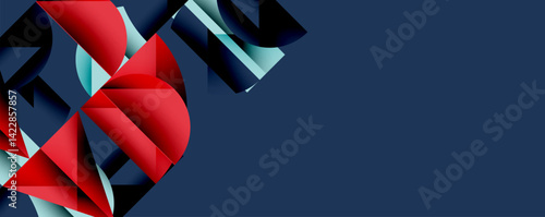 Abstract geometric shapes overlap, creating dynamic composition. Red, teal, navy hues dominate design. Clean lines suggest modern aesthetic, spacious negative area present.