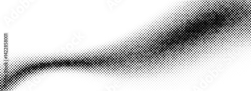 Black halftone wave background. Abstract grainy fluid texture. Dotted curved dot flow wallpaper. Gritty swoosh overlay element for poster, banner, brochure, flyer, leaflet, template. Vector backdrop