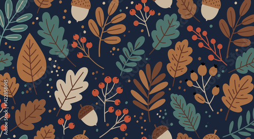 Autumnal pattern of leaves acorns and berries against a navy backdrop