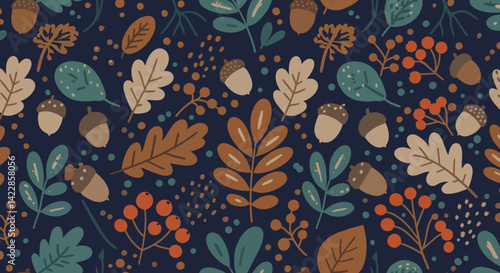 Autumnal pattern with leaves berries and acorns scattered on a navy blue background