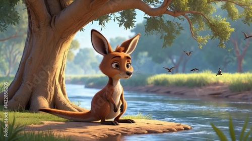 Animated kangaroo by a stream under a leafy tree with birds flying by creating a serene animated nature scene