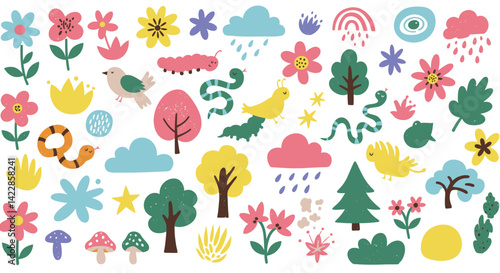 Wallpaper Mural Whimsical forest scene filled with colorful flowers trees birds and snakes Torontodigital.ca