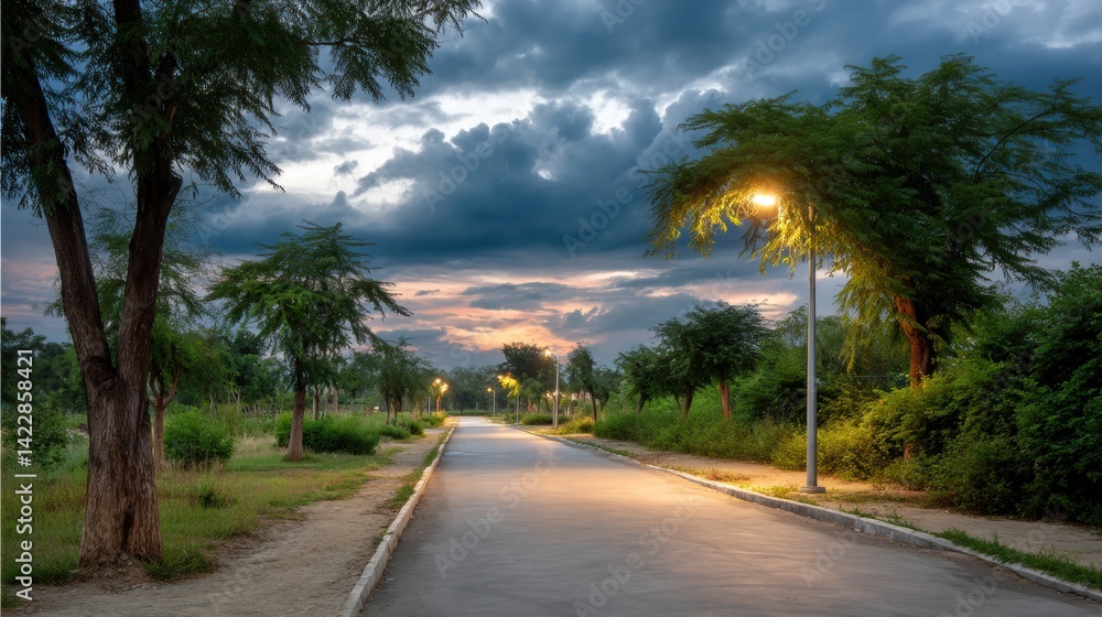 A Picturesque Road with Palm Trees and Solar-Powered Street Lights Promoting Sustainable Living A Picturesque Road with Palm Trees and Solar-Powered Street Lights Promoting Sustainable Living