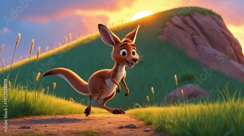 Animated kangaroo joyfully hops down a grassy path under a warm sunset