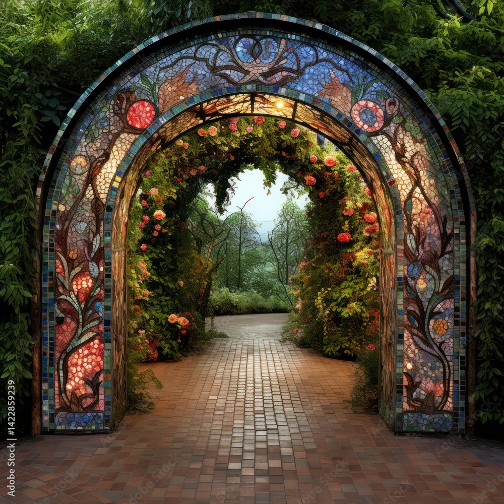 Obraz premium Botanical pattern mosaic arch architecture outdoors.