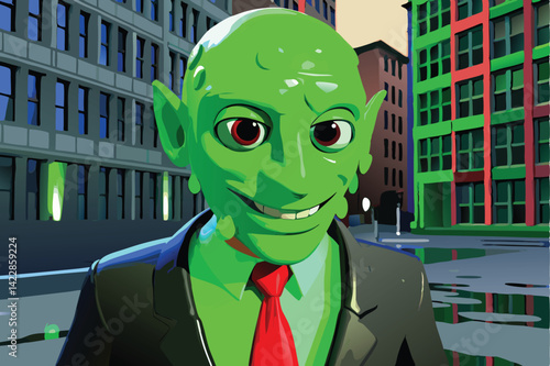 Cartoon alien businessman smiling confidently in the city after the rain