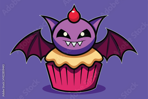 Cartoon bat cupcake with fangs halloween treat spooky pastry vector illustration
