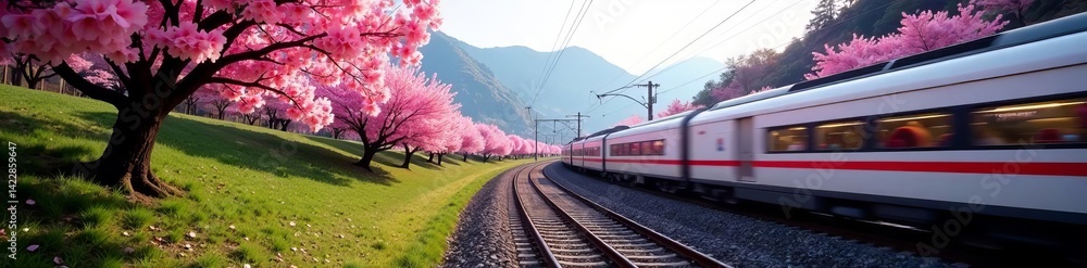Fototapeta premium Scenic view of cherry blossom trees with high speed train passing by, vibrant, Japan, railway