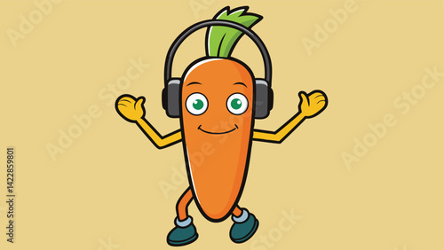 Cartoon carrot character with headphones dancing and grooving to music beat