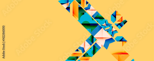 Abstract geometric design features fragmented shapes, vibrant blues, oranges, greens against yellow backdrop. Modern composition evokes dynamic energy, visual interest.