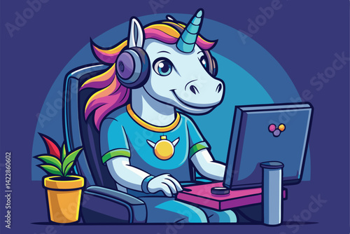 Cartoon unicorn programmer working at computer with headphones in office space