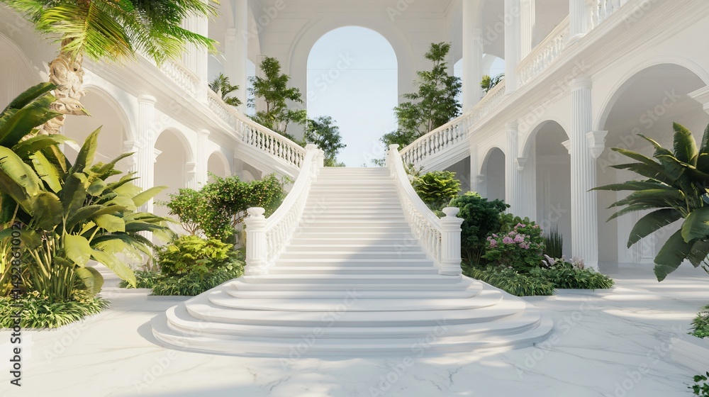 Fototapeta premium Elegant staircase in white marble with lush tropical greenery, a luxurious architectural design