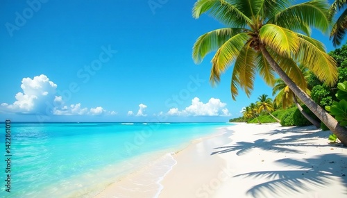 Fototapeta Naklejka Na Ścianę i Meble -  Vibrant beach scenery with crystal clear waters and palm trees swaying in the breeze, paradise, ocean, beach