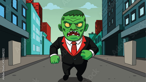 Cartoon zombie monster in business suit walking downtown vector illustration