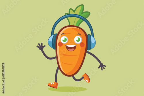 Cheerful carrot character wearing headphones running and waving happy mascot vector
