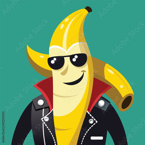 Cool banana character wearing sunglasses and leather jacket against teal background