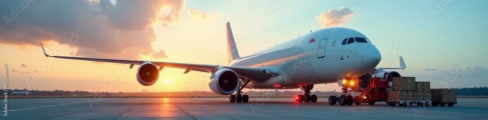 Wide body cargo airplane being loaded with boxes on tarmac, loading, export, transportation Wide body cargo airplane being loaded with boxes on tarmac, loading, export, transportation