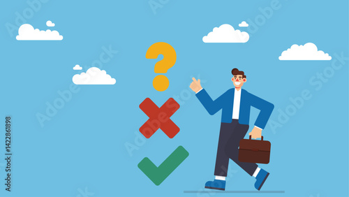 Decision making right or wrong, decide or determination to solve problem, solution, choice or choosing pathway, thinking or challenge for result concept, businessman choosing right or wrong decision