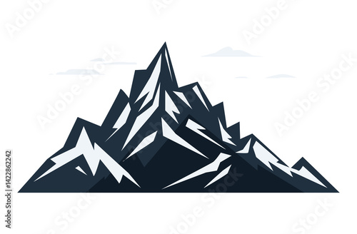 Mountains with clouds. Rocky snowy landscape with mountain peaks and hills, stone peaks, environment. Simple minimalistic vector landscape.