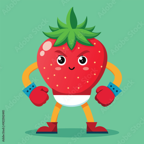 Funny angry strawberry cartoon character wearing boxing gloves and shoes ready to fight
