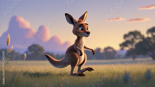 Cartoon kangaroo at dawn standing in a lush meadow illuminated by soft sunlight and a pastel sky