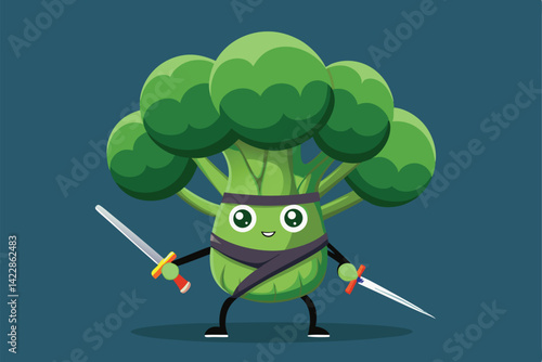 Funny broccoli ninja cartoon character armed with swords ready for action