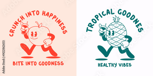  Funny cartoon character  apple and pineapple. Can be used as Sticker, posters, prints. Retro cartoon style. Vector illustration