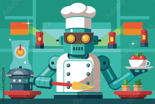 Robot chef preparing food in a flat design kitchen setting