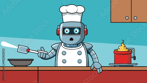 Surprised robot chef cooking meal using spatula and pot cartoon vector illustration