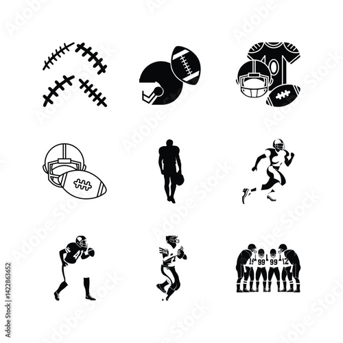 American Football Black And White Vector Illustration Set Depicting Team Play And Equipment