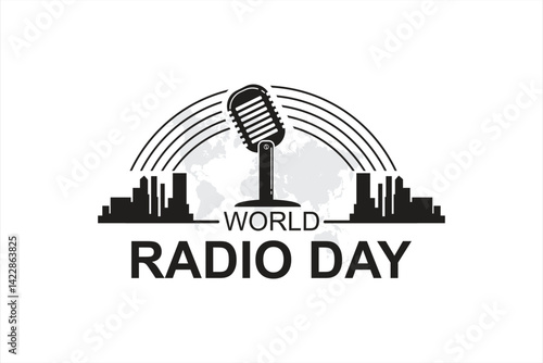 Minimalist World Radio Day illustration featuring a vintage microphone, sound waves, city skyline, and world map. Ideal for international radio celebration and broadcasting themes.