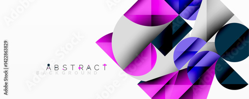 Modern abstract design features overlapping geometric shapes. Vibrant pinks, blues, whites create dynamic composition. Clean lines, gradients suggest depth, movement.