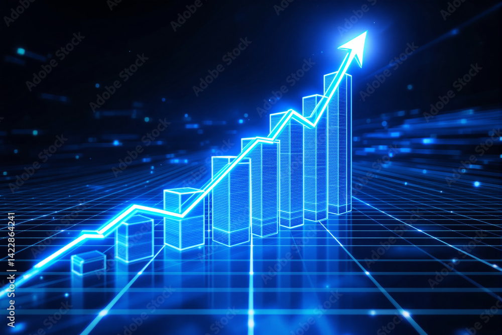 Digital 3D-style glowing bar chart with rising arrow on a blue grid background representing business success, growth, and futuristic financial concept. Ai generative Digital 3D-style glowing bar chart with rising arrow on a blue grid background representing business success, growth, and futuristic financial concept. Ai generative