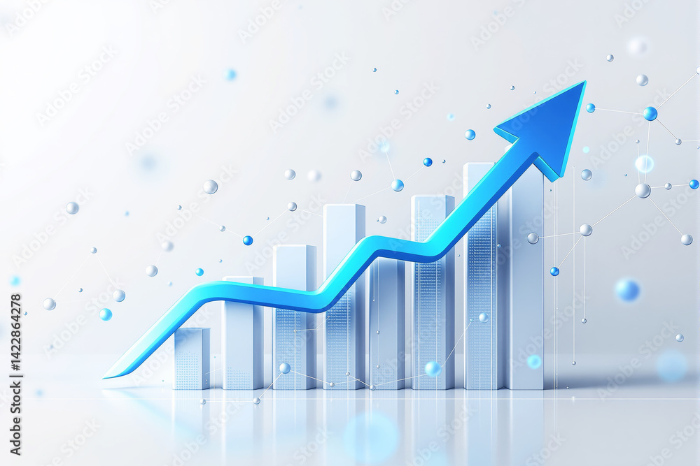 Abstract bar chart with blue upward arrow and floating digital spheres on white background, symbolizing business growth and financial success. Ai generative
