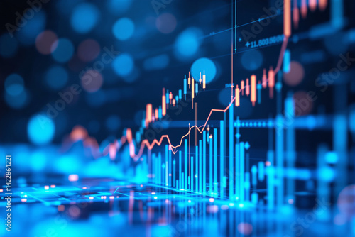 Wallpaper Mural Colorful bar and line charts with glowing digital elements representing business financial growth and data analysis on a blue abstract background. Ai generative Torontodigital.ca