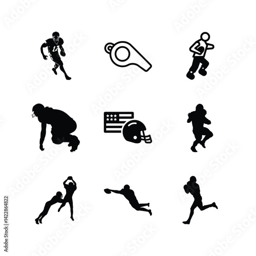 American Football Silhouettes Collection With Players,Helmet,And Whistle Icons