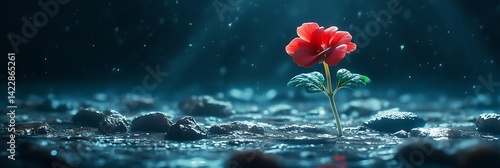 Red flower emerging from water, mystical night