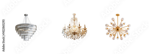 Collection of Crystal Chandelier front view full length isolate on transparency background