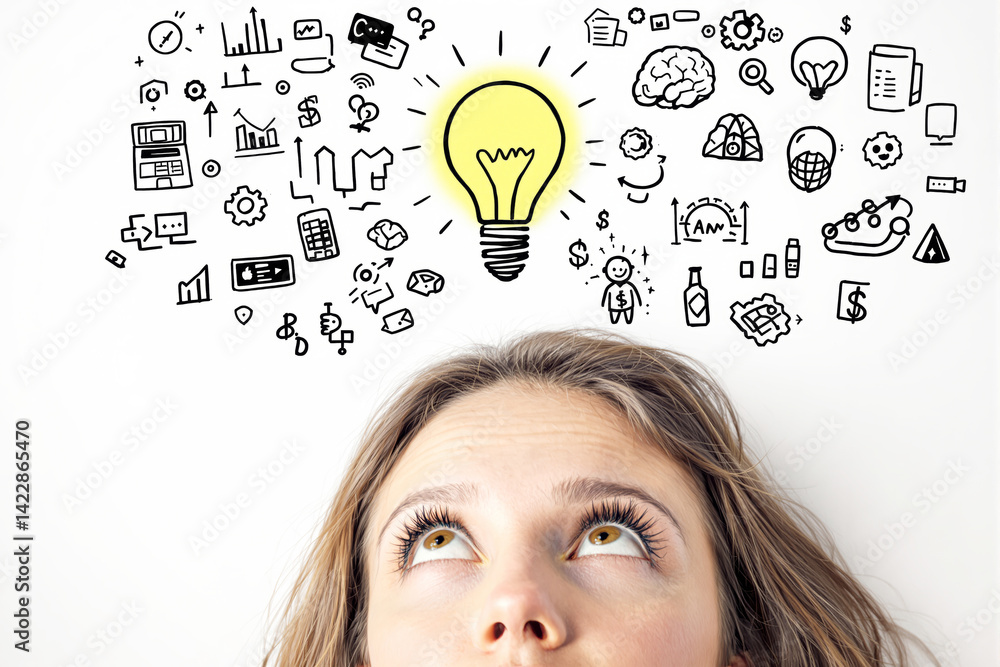 Woman's face looking up at bright yellow light bulb surrounded by various hand-drawn business icons on white background, concept of creative thinking. Ai generative