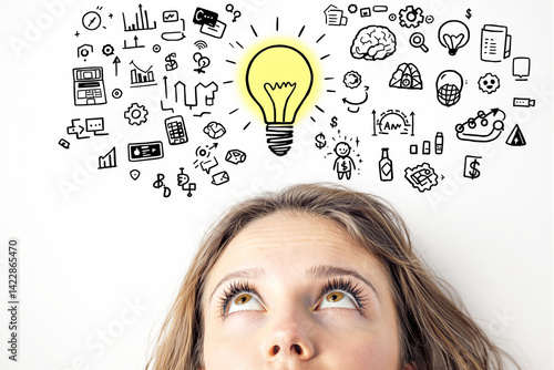 Obraz na płótnie Woman's face looking up at bright yellow light bulb surrounded by various hand-drawn business icons on white background, concept of creative thinking. Ai generative w salonie