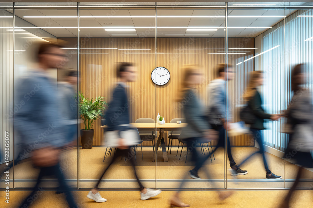 © VideoFlow - Group of business people in motion blur walking by office meeting room with wood panel background, indoor plant, and wall clock. Concept of busy workplace. Ai generative