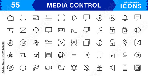 Modern Media Control Icon Set Vector Illustration. Includes Essential Playback, Volume, and Navigation Icons for Streamlined Media Projects.