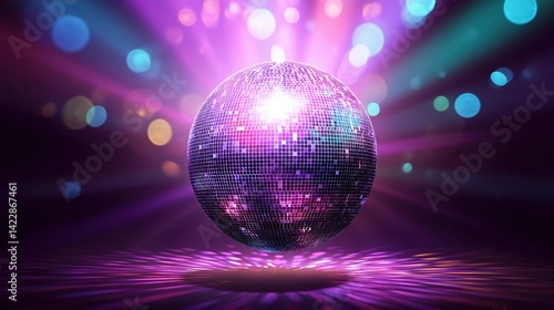 Intense purple disco ball radiating light.