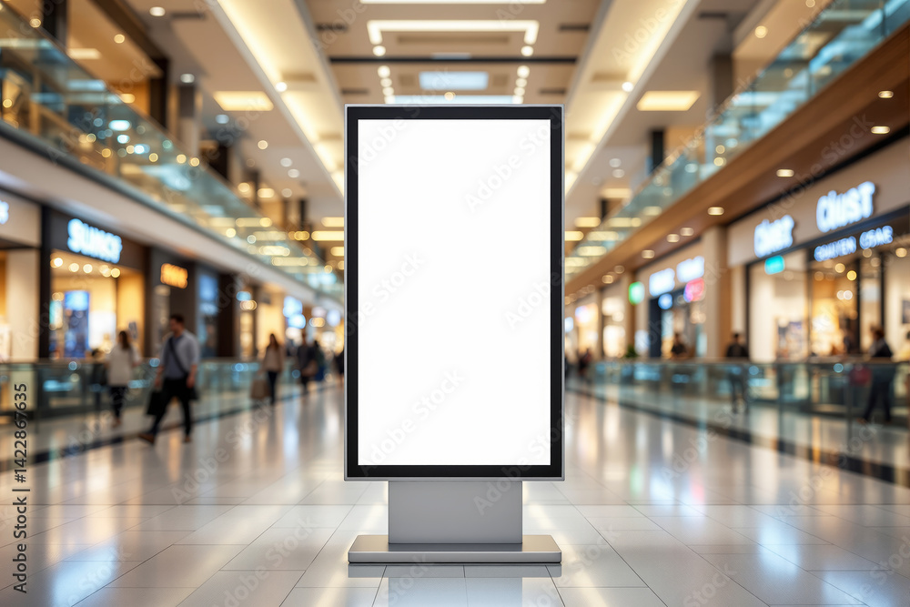 Blank digital advertising billboard display in shopping mall with blurred background of people and shops, concept for business promotion. Ai generative