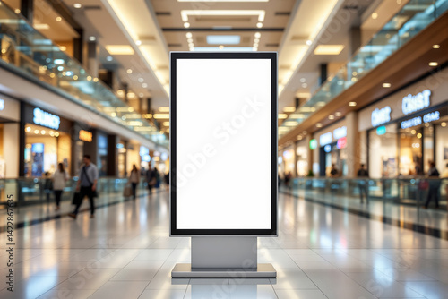 Obraz na płótnie Blank digital advertising billboard display in shopping mall with blurred background of people and shops, concept for business promotion. Ai generative w salonie