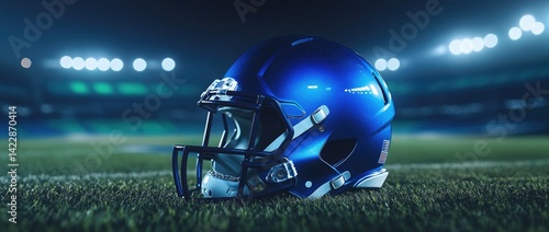Blue football helmet on field at night. (2)