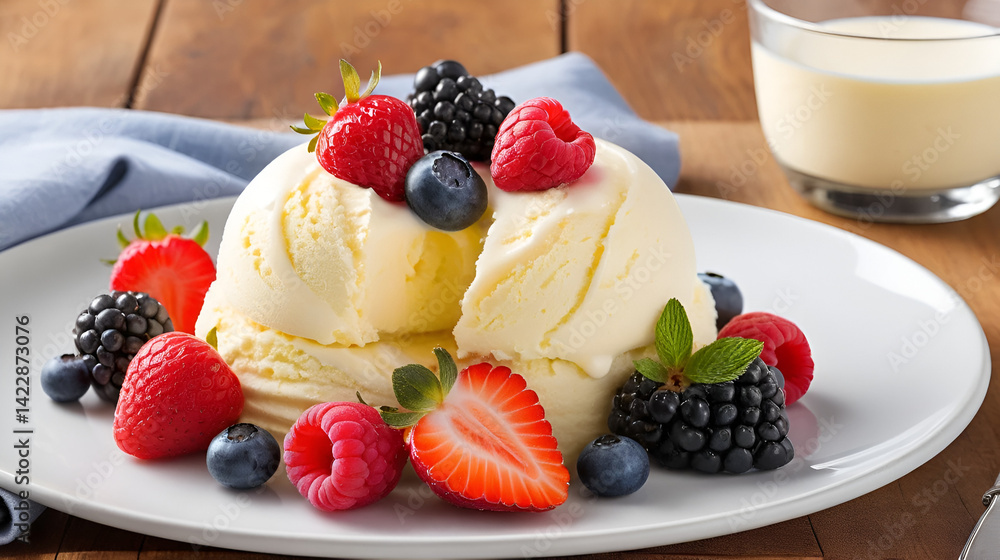 Smooth and creamy vanilla ice cream topped with fresh, juicy berries, a perfect balance of sweetness and freshness | Helado de vainilla suave y cremoso con bayas frescas y jugosas, un equilibrio perfe