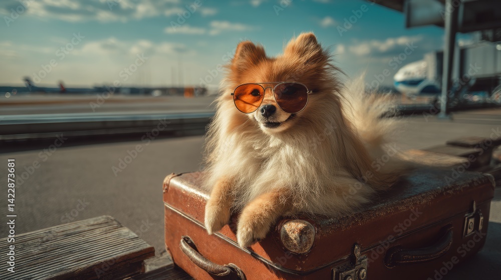Fototapeta Adorable Pomeranian dog going on vacation standing on suitcase travel and sunglasses in modern airport terminal background,Funny Vacation and Travel,pet-friendly,Tourist journey trip concept.