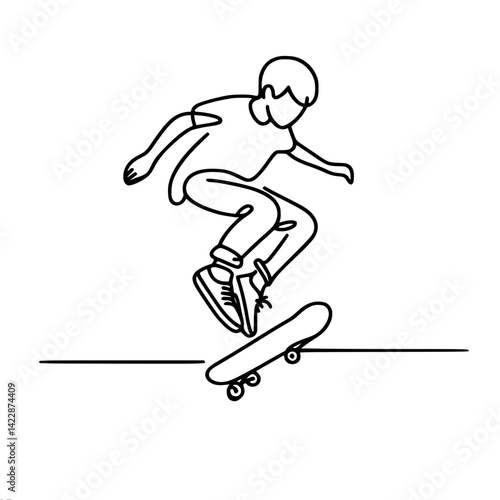 Young stuntman performing jump on skateboard on minimalistic background, vector outline of one line